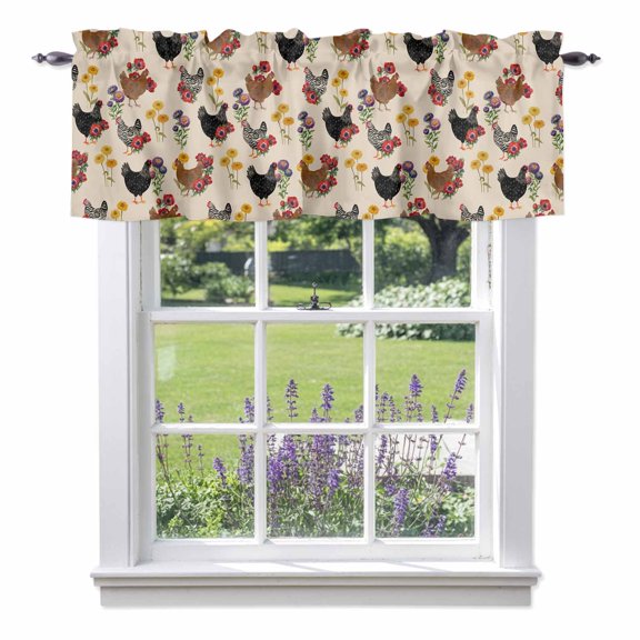 Farm Chicken Valances for Windows Country Farmhouse Rooster Red Yellow Purple Flower Leaf Rod Pocket Cafe Window Treatments Valance Curtains for Kitchen Bathroom Laundry Basement Windows 60"x18"