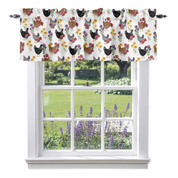 Farm Chicken Valances for Windows Farmhouse Rooster Red Yellow Purple Flower Leaf Rod Pocket Cafe Window Treatments Valance Curtains for Kitchen Bathroom Laundry Basement Windows 54"x18"