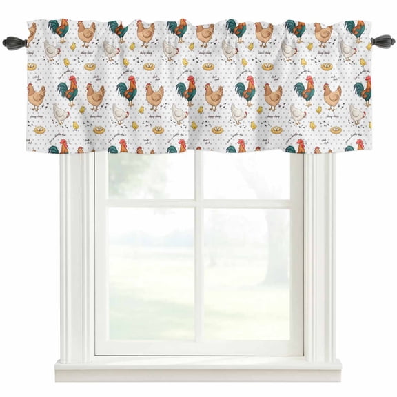 Farm Chicken Valances for Windows White Hen Rooster White Background Abstract Rod Pocket Curtain Valance Window Treatment Short Curtains for Kitchen Living Room, 42"x12"