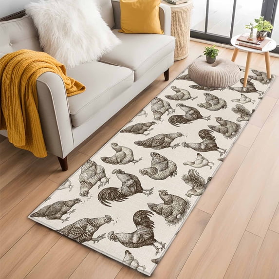 Farm Chicken Washable Runner Rugs 2'x6', Country Rustic Rooster Hen Vintage Farmhouse Low Pile Throw Entryway Rug Non-Slip Sturdy Edge Binding Carpet for Indoor Bedside Entrance Bedside