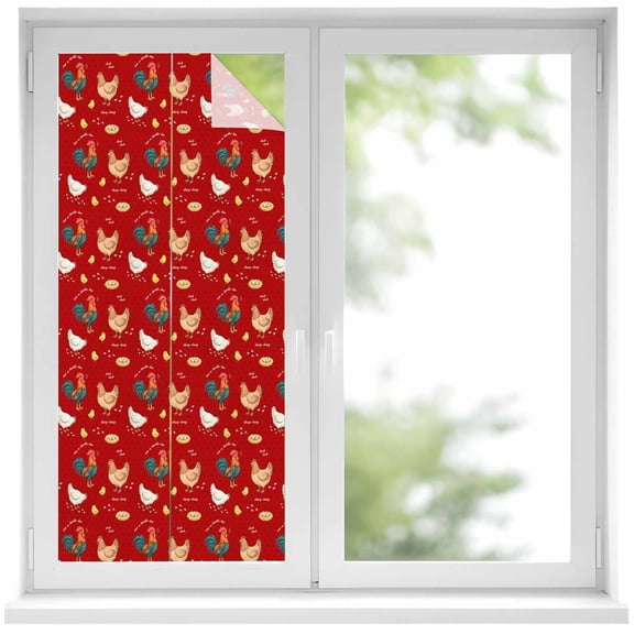 Farm Chicken Window Privacy Film, White Hen Rooster Red Background Abstract Frosted Glass Window Clings Static Cling UV Heat Blocking Reusable Door Sticker for Bathroom 19.6 x 39.3 Inch