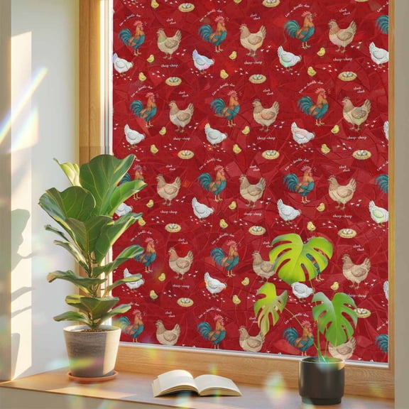Farm Chicken Window Privacy Film, White Hen Rooster Red Background Abstract Stained Glass Rainbow Film Decorative Window Clings, Static Cling Sun Blocking Stickers 23.6" x 59"
