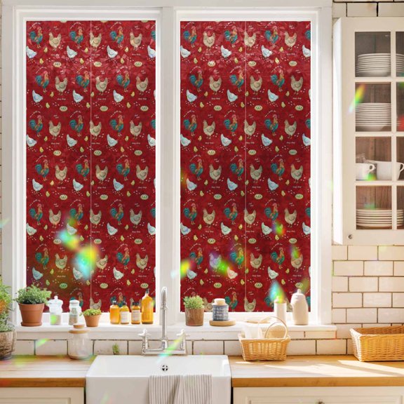 Farm Chicken Window Privacy Film White Hen Rooster Red Background Abstract Static Cling Stained Glass Window Film Non-Adhesive Decorative Decals Rainbow Sticker 17.7"X39.3"