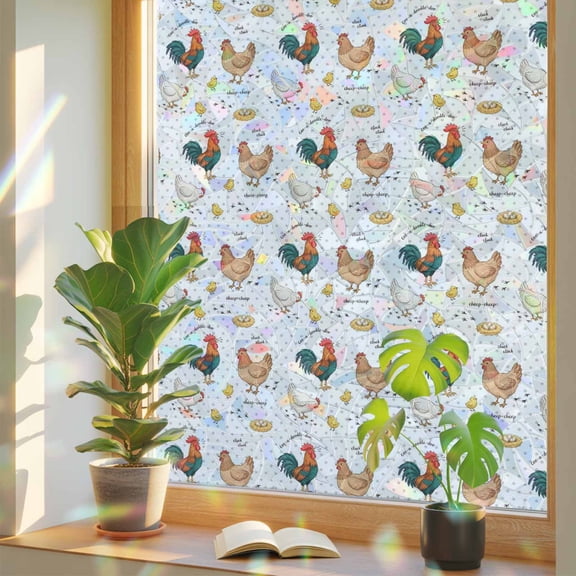 Farm Chicken Window Privacy Film, White Hen Rooster White Background Abstract Stained Glass Rainbow Film Decorative Window Clings, Static Cling Sun Blocking Stickers 19.6" x 39.3"