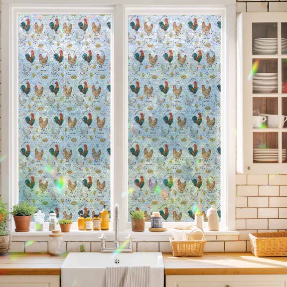 Farm Chicken Window Privacy Film White Hen Rooster White Background Abstract Static Cling Stained Glass Window Film Non-Adhesive Decorative Decals Rainbow Sticker 17.7"X39.3"