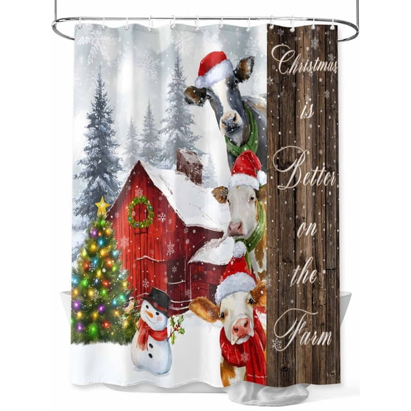 Farm Christmas Small Stall Shower Curtain, Waterproof Shower Curtains for Bathroom, Xmas Trees Cow Snowflake Wooden Winter Washable Fabric Cloth Bath Curtain for Bathtub with Hooks 36x78 Inches