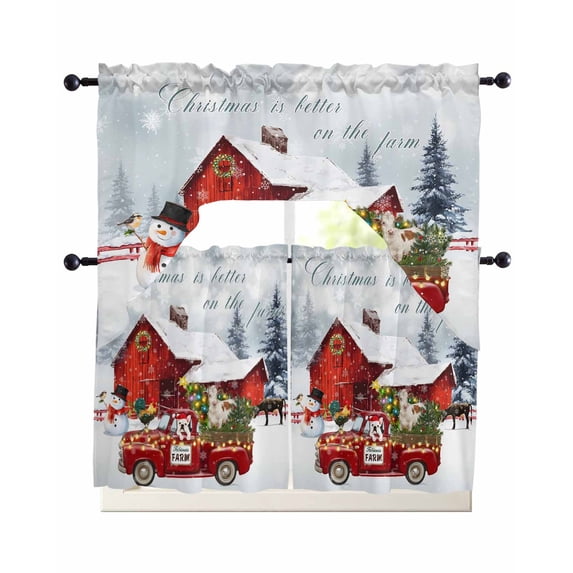 Farm Christmas Swag Curtains for Living Room/Bedroom Windows, Xmas Tree Truck Animals Snowman Snowflakes Kitchen Curtains and Valances Set 36 Inch Length, Light Filtering Swags Valance Curtain Panels