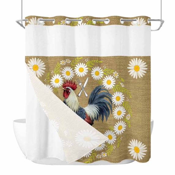 Farm Cock No Hook Shower Curtain with Snap in Liner Chicken White Daisy Flower Green Leaf Brown Linen Waterproof Bathroom Shower Curtain with See Through Top Window for Bathtub 72" x 72"