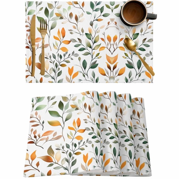 Farm Colorful Leaves Seamless Placemats Set of 4,Wipeable Washable Table Mats for Dining Tables,Watercolor Leaf on White Place Mats for Kitchen Event Party Tabletop Decor
