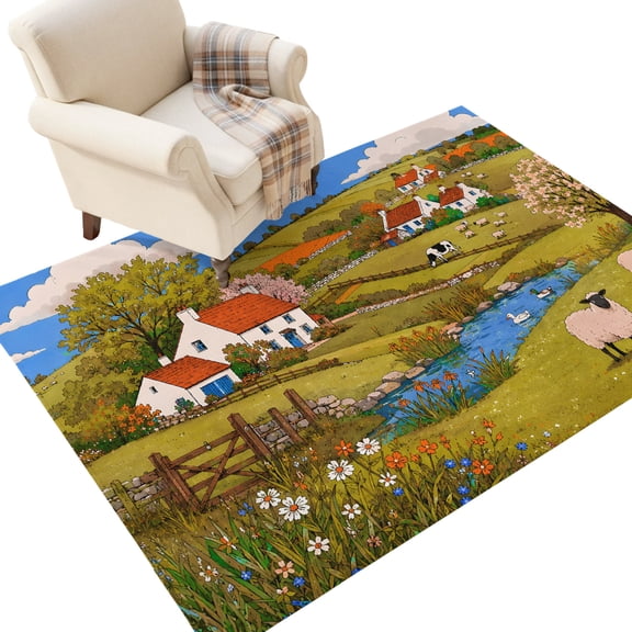 Farm Cottages 3'x5' Area Rugs Rustic Farmhouse Sheep Flock Blue River Stream Washable Area Rugs Non-Slip Indoor Floor Mats for Entrance‑Living Space, Sofa Zone, Bed‑Foot Area, Balcony