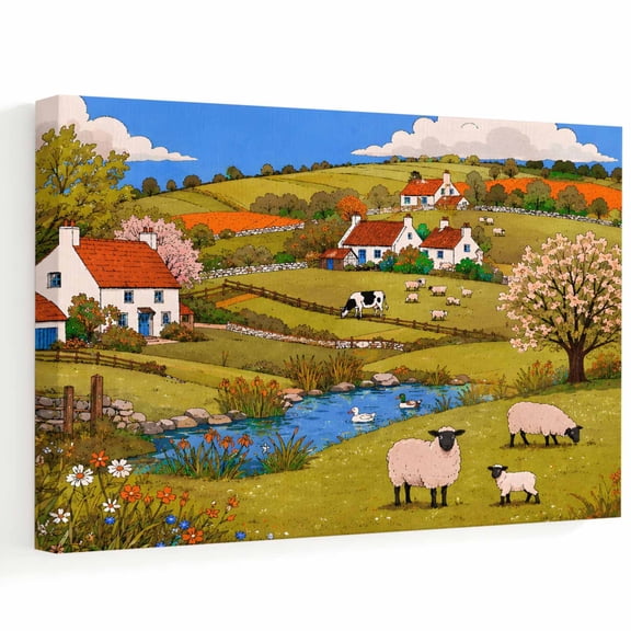 Farm Cottages Canvas Wall Art, Rustic Farmhouse Sheep Flock Blue River Stream Wall Art Prints Artwork Framed Canvas Ready to Hang Art Pictures for Bathroom, Dressing Table, Entryway 12" x 8"