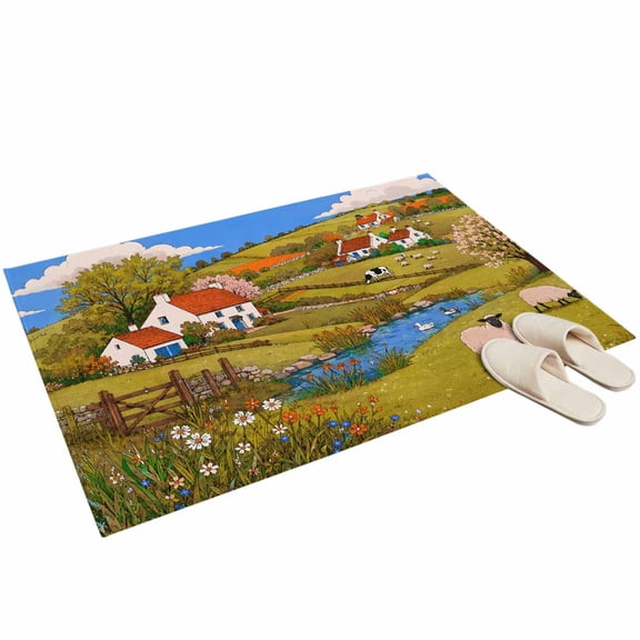 Farm Cottages Entryway Rug 2'x3' Rustic Farmhouse Sheep Flock Blue River Stream Small Area Rug Non-Slip Front Door Mat Washable Floor for Front‑Door Area, Kitchen Sink Zone, Bathroom