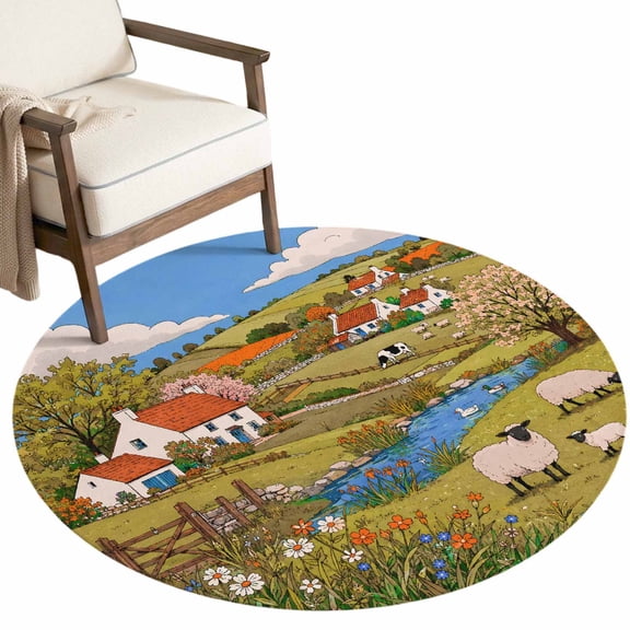 Farm Cottages Round Rug 4Ft Rustic Farmhouse Sheep Flock Blue River Stream Circle Area Rugs Washable Non Slip Indoor Floor Mats for Living‑Room Coffee‑Table Zone, Dining‑Table Area