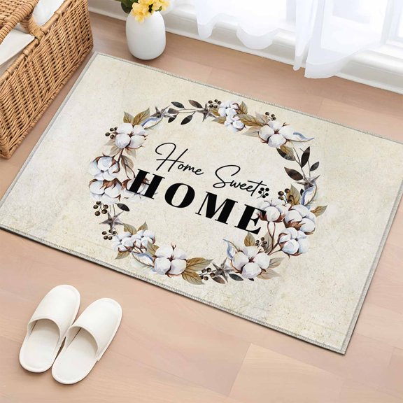 Farm Cotton 2'x3' Rug for Entryway Front Door Kitchen Sink Area, Flower Ring Berries Home Sweet Vintage Low Pile Non Slip Rectangle Area Rug, Machine Washable Indoor Outdoor Mat