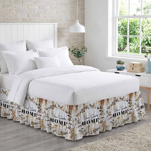 Farm Cotton Bed Skirt California King Size 16 Inch Drop, Flower Ring Berries Home Sweet Retro Rust Adjustable Elastic Dust Ruffles Bedskirt Wrap Around Pleated Mattress Frame Cover