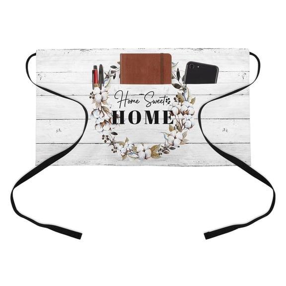 Farm Cotton Kitchen Restaurant Half Waist Apron, Flower Ring Berries Home Sweet White Wood Grain Server Short Apron with 3 Pockets Waterproof Oil Waist Aprons for Women Waitress Waiter
