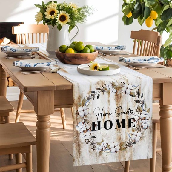 Farm Cotton Table Runner, Flower Ring Berries Home Sweet Retro Rust Washable Kitchen Table Runners Dress Scarves for Dining Table Decorations Party/Restaurant/Indoor Outdoor Use, 13x36in