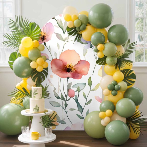Farm Country Flower Leaves Arch Backdrop Cover Stretchy Spandex Arch Cover 6ft, Spring Watercolor Botanical Round Top Chiara Stand Covers for Wedding Birthday Party Ceremony Banquet