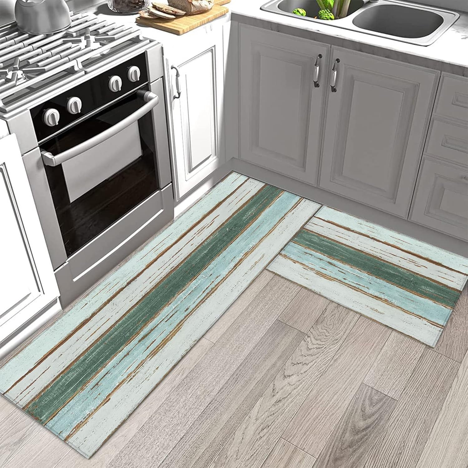 Farm Country Kitchen Rugs and Mats Set of 2, Shabby Teal Wood Grain Non-Slip Floor Doormat Comfort Area Runner Rug and Mat, Retro Wooden Plank Indoor Entrance Carpet Home Decor