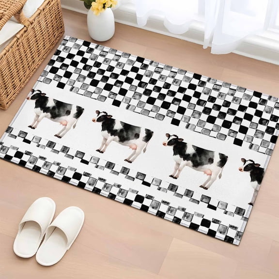 Farm Cow 2'x3' Rug for Entryway Front Door Kitchen Sink Area, Country Farmhouse Cows Abstract Black Checkered Plaid Low Pile Non Slip Rectangle Area Rug, Machine Washable Indoor Outdoor Mat