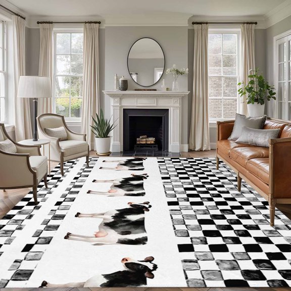Farm Cow 5'x7' Rug for Living Room Sofa and Coffee Table Layout, Country Farmhouse Cows Abstract Black Checkered Plaid Non Slip Rectangle Area Rug, Machine Washable Indoor Outdoor Mat