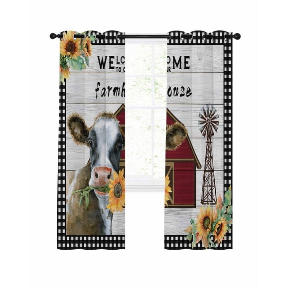 Farm Cow Blackout Curtains, Light Blocking Print Window Curtains, Country Cabin Red Barn Animals Sunflowers Plaid Thermal Insulated Window Drapes for Living Room 2 Panels, 84"W x 84"L