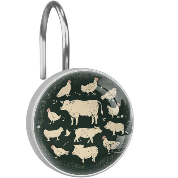 Farm Cow Chicken Pig Silhouette Shower Curtain Hooks Round Crystal Glass, Set of 12 Shower Curtain Rings - Shower Hooks for Curtain Shower Rings