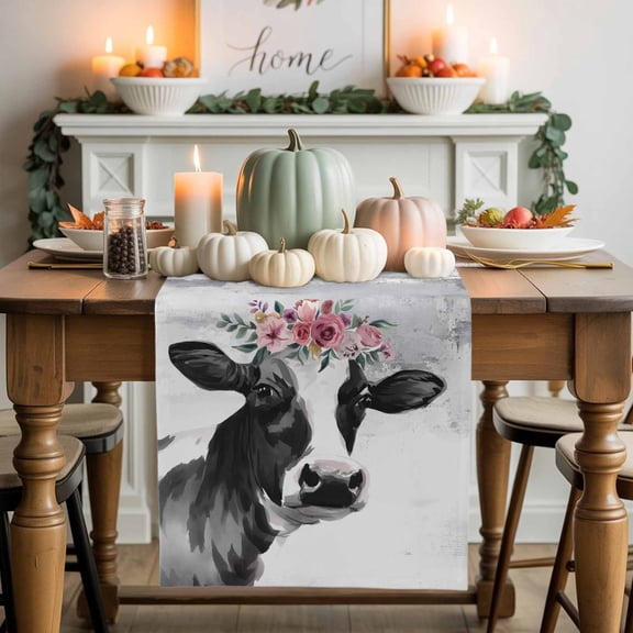 Farm Cow Cotton Linen Table Runner, Washable Table Runners for Kitchen, Dining Room, Holiday, Home Party Table Decor, 13x48 Inches