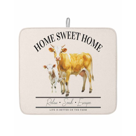 Farm Cow Cute Animal Watercolor Dish Drying Mats for Kitchen Counter,Absorbent Microfiber Dish Drainer Rack Mat Sweet Home Quote Drying Pad for Sinks,Utensils,Countertops,16x18in