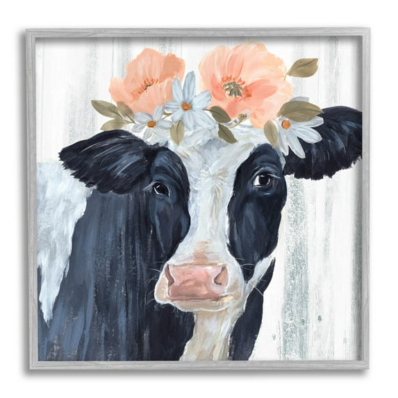 Farm Cow Floral Daisy Blooms Animals & Insects Graphic Art Gray Framed Art Print Wall Art