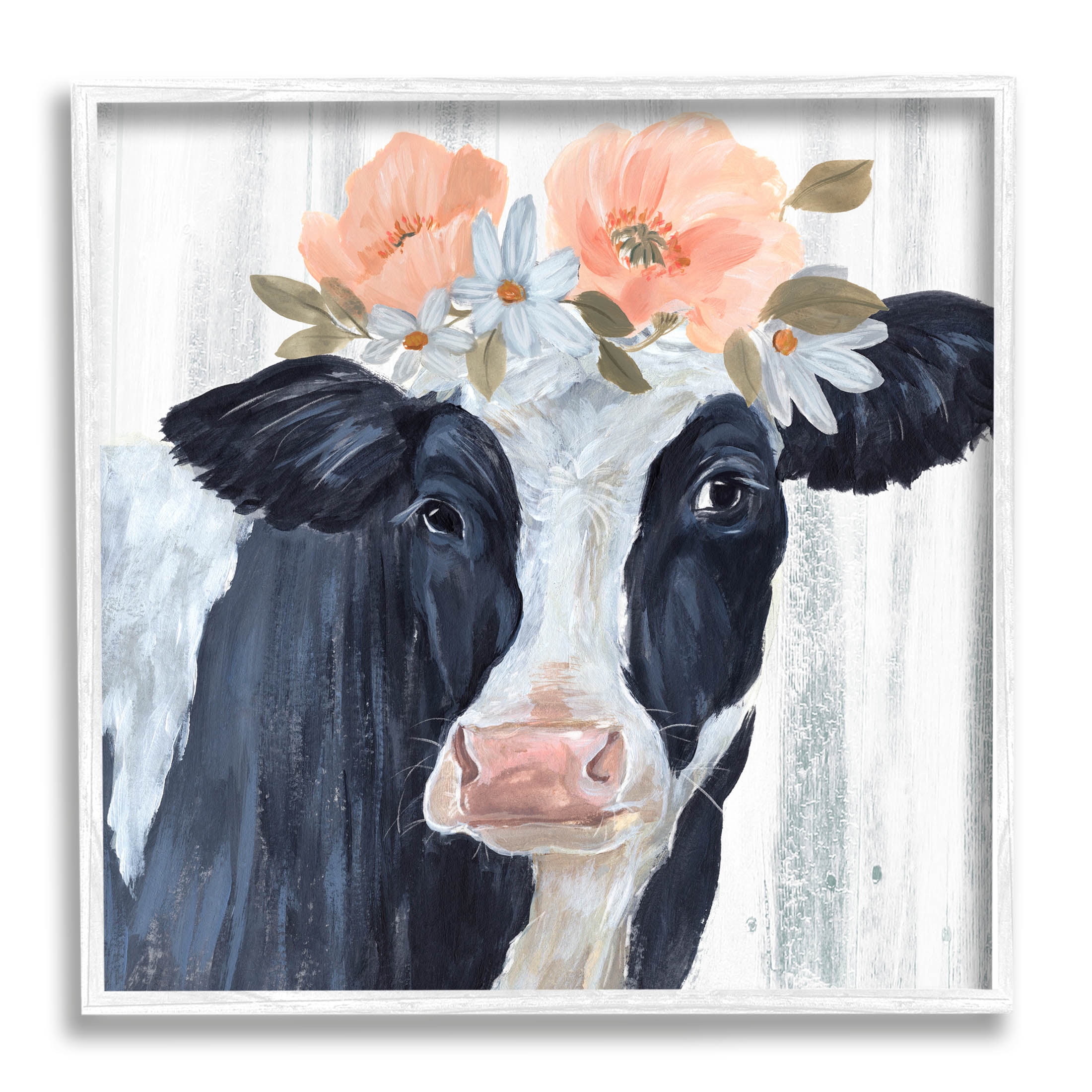 Farm Cow Floral Daisy Blooms Animals & Insects Graphic Art White Framed Art Print Wall Art