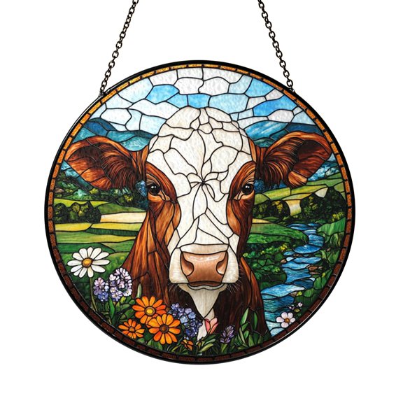 Farm Cow Glass Suncatcher Window Decor Cozy Rustic Art Hanging Barn Style Home Accent