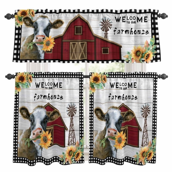 Farm Cow Kitchen Curtains Sets for Windows 24 Inch Length, Country Cabin Red Barn Animals Sunflowers Plaid Rod Pocket Window Treatments Tier Curtains and Valances Set for Bedroom/Bathroom