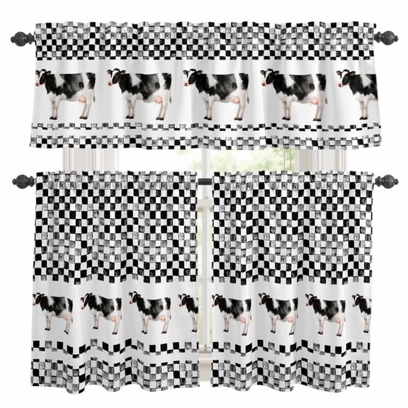 Farm Cow Kitchen Curtains and Valances Set, Country Farmhouse Cows Abstract Black Checkered Plaid Rod Pocket Window Valance Window Curtain Panels for Living Room Bedroom Laundry, 27.5x24in, 3 Pieces