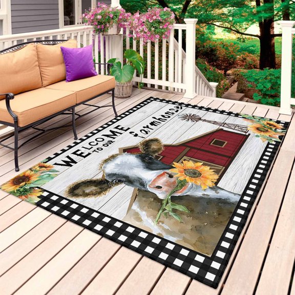Farm Cow Outdoor Rug 3x5 Ft, Non Slip Washable Area Rug, Country Cabin Red Barn Animals Sunflowers Plaid Patio Rugs Carpet Runner, Large Floor Mat for Indoor/Outdoor Deck Porch Camping