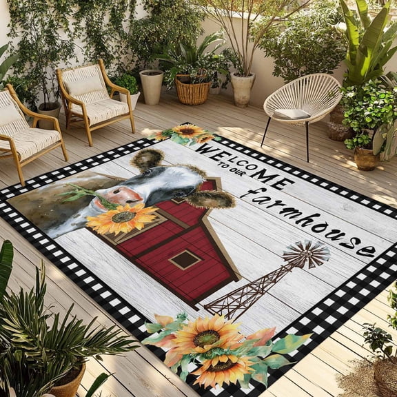 Farm Cow Outdoor Rug 5x8 Ft - Reversible Patio Rug Outdoor Camping Rugs, Country Cabin Red Barn Animals Sunflowers Plaid Indoor Outdoor Area Rugs, Non-Slip Outdoor Carpet Runner for Deck/Porch