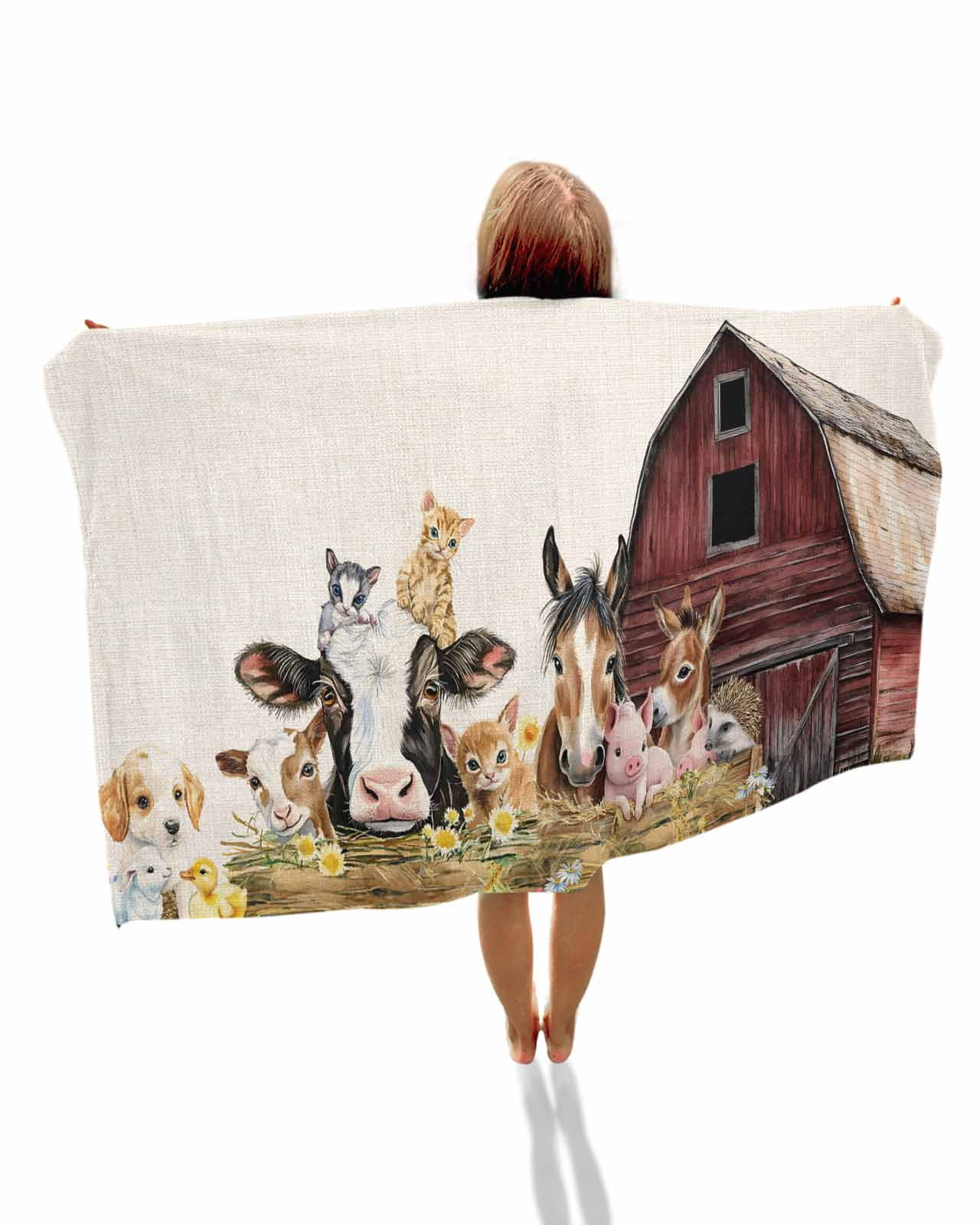 Farm Cow Pig Beach Towels Oversized Super Absorbent, Farmhouse Animals Retro Fench Wood Bran Lightweight Bath Towel Quick Dry Sets For Bathroom/Pool/Rv Camping/Beach Play/Gym Room/Picnic 30"x60"