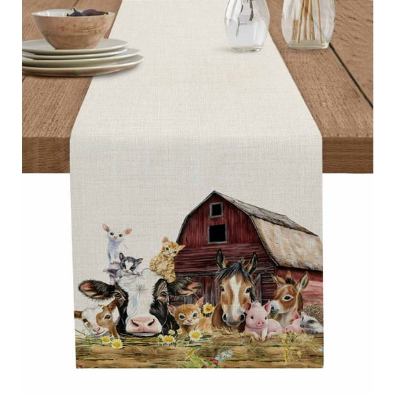 Farm Cow Pig Burlap Cotton Table Runner 13x36 Inches Short, Farmhouse Animals Retro Fench Wood Bran Farmhouse Table Runners, Outdoor Dining Tablecloths Decor for Baby Shower/Party/Wedding