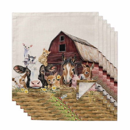 Farm Cow Pig Cloth Napkins, Farmhouse Animals Retro Fench Wood Bran Washable and Reusable Dinner Napkins Set of 6, Table Napkin for Kitchen Party Birthday Wedding Hotel Housewarming 20"x20"