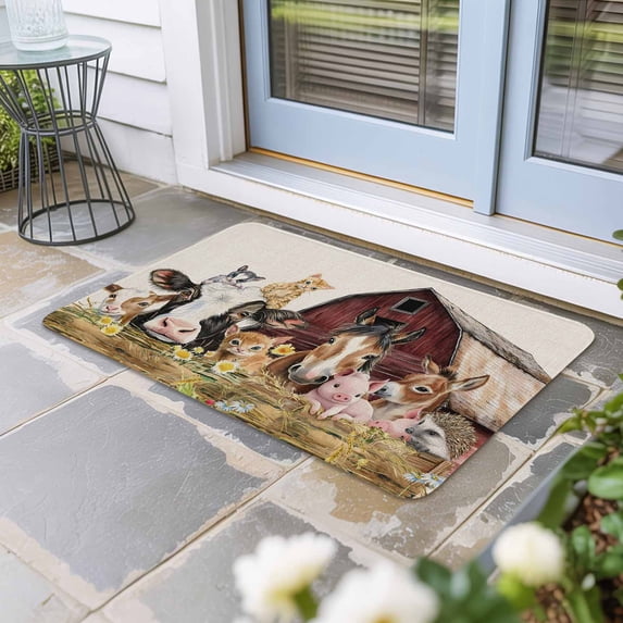 Farm Cow Pig Door Mat Indoor Outdoor, Farmhouse Animals Retro Fench Wood Bran Non Slip Welcome Mat with Rubber Backing, Absorbent Fabric Front Door Mats Entryway Rug for Home Patio Entrance 24"x36"