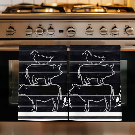 Farm Cow Pig Duck Kitchen Towels Set of 2, Vintage Black Wooden Plank ...