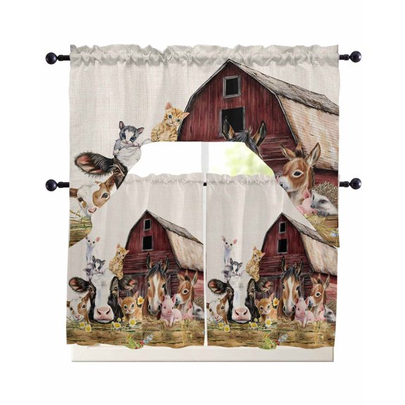 Farm Cow Pig Kitchen Curtains Swag Valance and Tier Curtains Set 24 Inch Length, Farmhouse Animals Retro Fench Wood Bran Rod Pocket Drape Panels Pair Swag Curtain for Bathroom/Cafe/Window