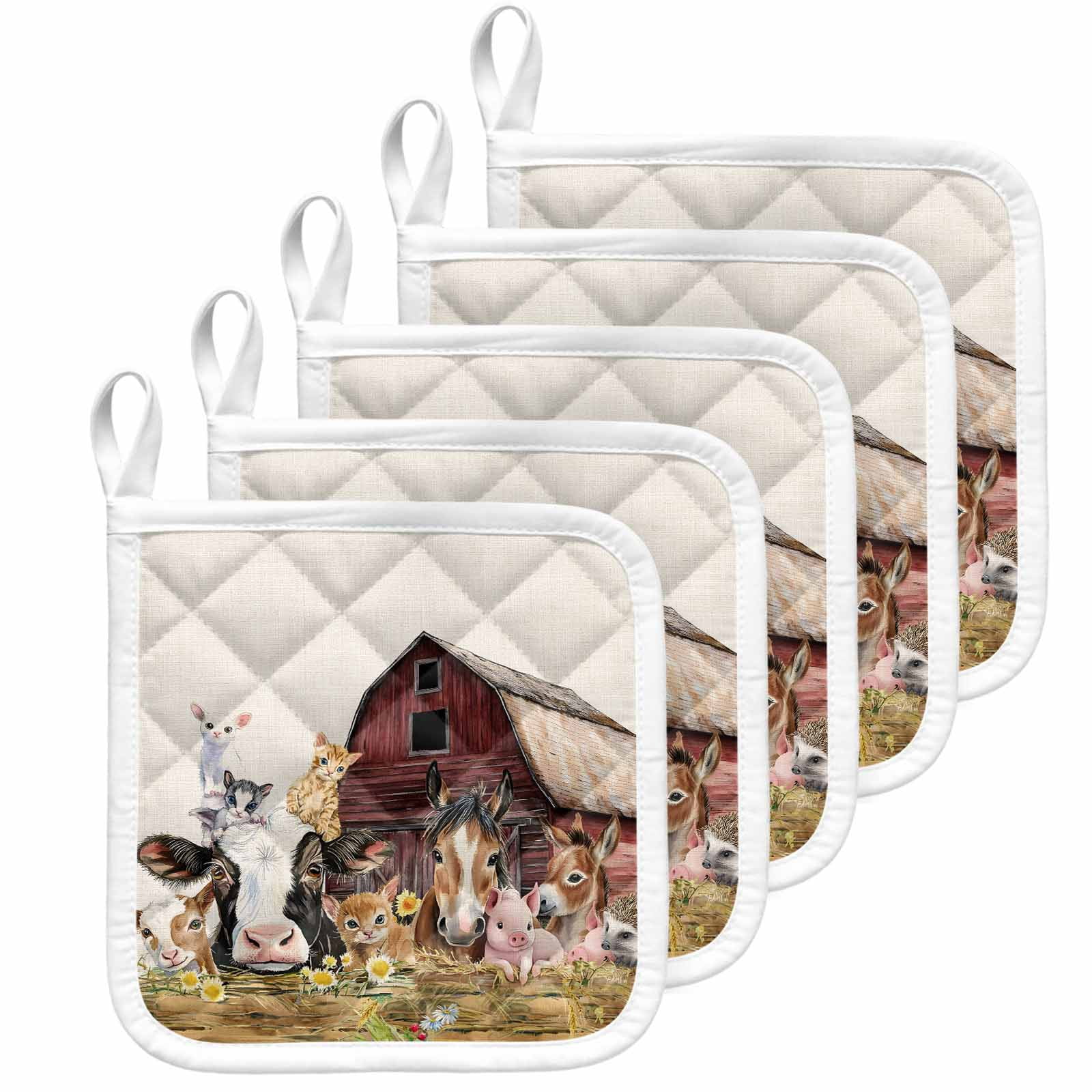 Farm Cow Pig Pot Holders for Kitchen Heatproof Potholder, 5 Pack Farmhouse Animals Retro Fench Wood Bran Hot Pads Multipurpose Oven Pads Cloth Potholders Trivet for Cooking Baking