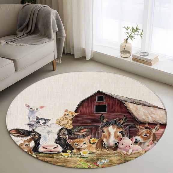 Farm Cow Pig Round Area Rug 3.3 FT, Non Slip Small Entryway Kitchen Mat, Farmhouse Animals Retro Fench Wood Bran Washable Soft Circular Rug Non-Shedding Door Mat for Bathroom Playroom Kids Room