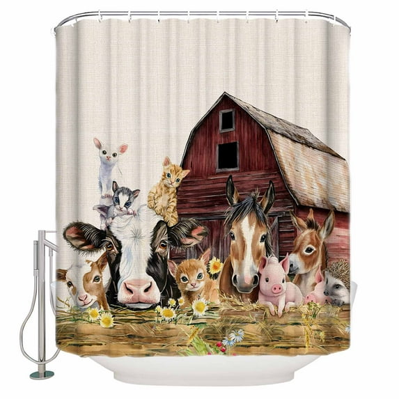 Farm Cow Pig Shower Curtains for Bathroom Waterproof Fabric Bath Curtains Decor Bath Tub Curtain Farmhouse Animals Retro Fench Wood Bran Decorative Shower Curtain Sets with 12 Hooks, 72x72 Inch