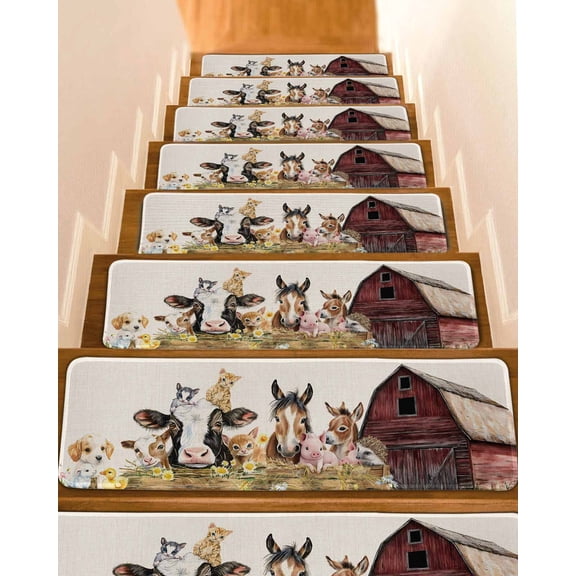 Farm Cow Pig Stair Treads for Wooden Steps Indoor Runner Rug Carpet, Farmhouse Animals Retro Fench Wood Bran 4 Pieces Peel and Stick Staircase Step Treads Covers Washable Throw Door Mats, 30"x8"