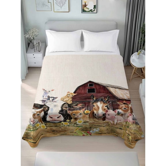 Farm Cow Pig Twim Size Flat Sheet, Wrinkleproof & Fadeproof Cooling Flat Bed Sheet Only, Farmhouse Animals Retro Fench Wood Bran Breathable Soft Bedding Top Sheets 66 x 96 Inches