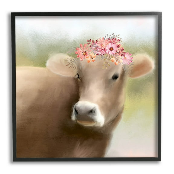 Farm Cow Pink Blooms Arrangement Animals & Insects Graphic Art Black Framed Art Print Wall Art