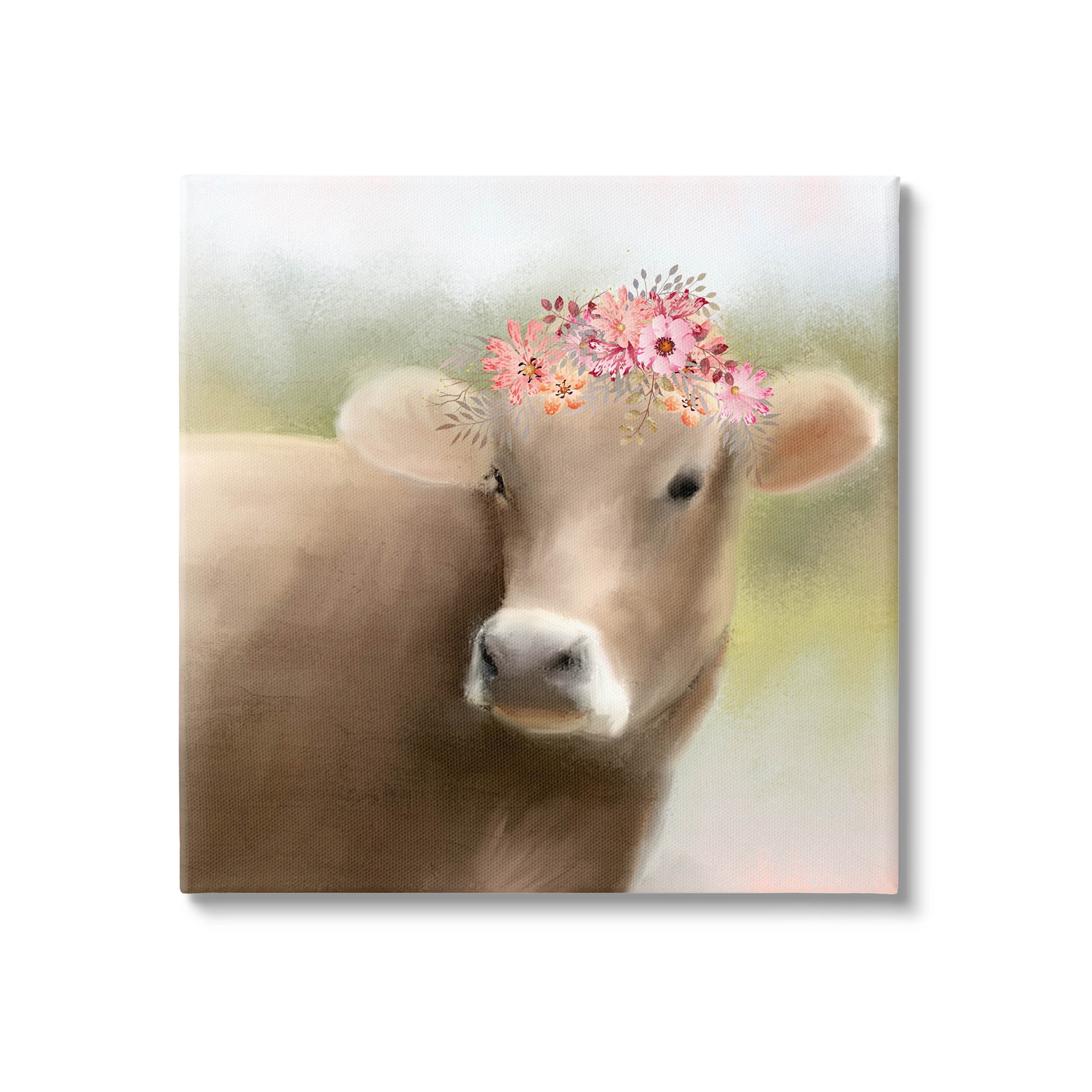 Farm Cow Pink Blooms Arrangement Animals & Insects Graphic Art Gallery Wrapped Canvas Print Wall Art