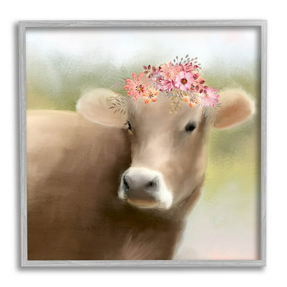 Farm Cow Pink Blooms Arrangement Animals & Insects Graphic Art Gray Framed Art Print Wall Art